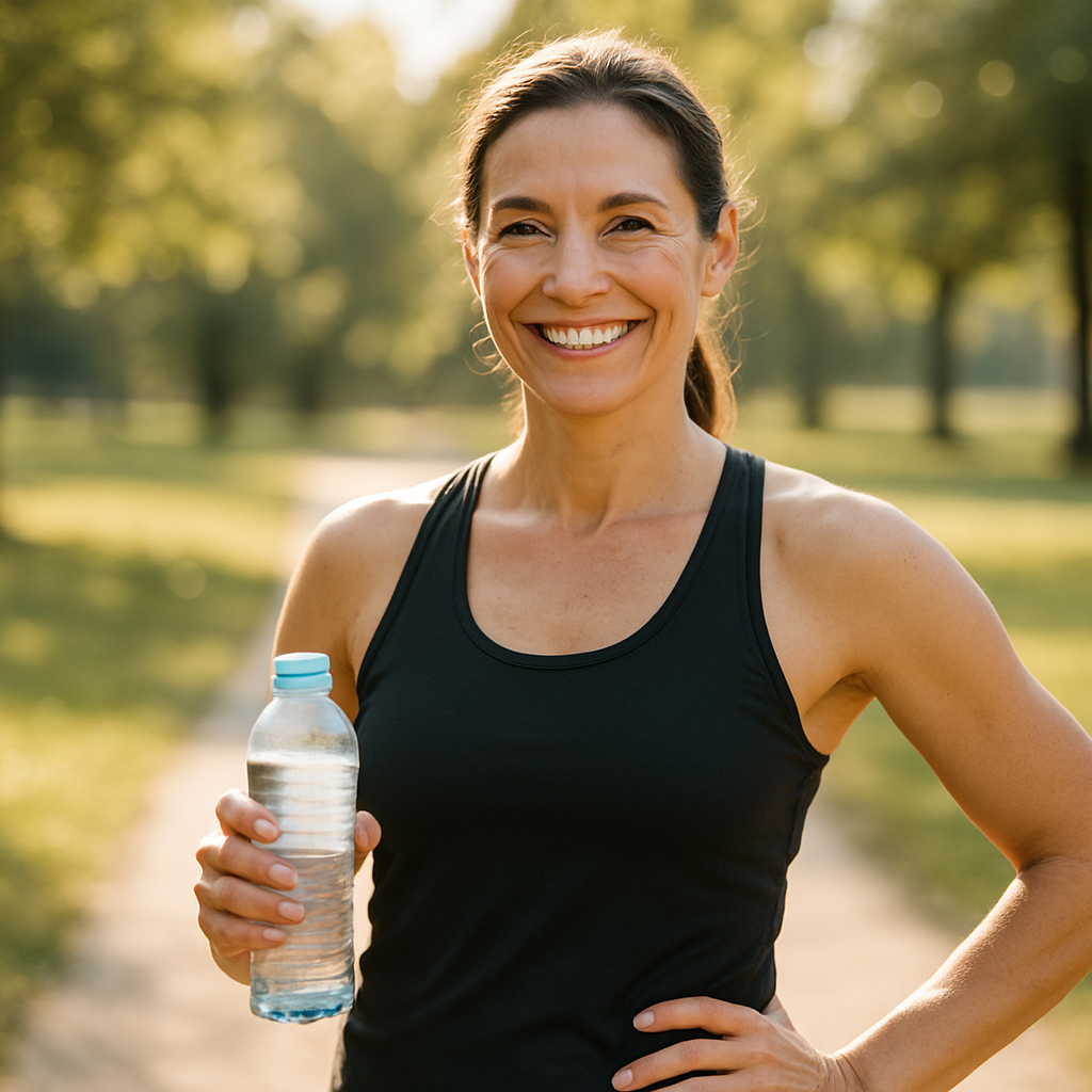 Healthy, confident woman in athletic wear smiling outdoors with a water bottle after a workout